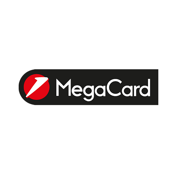 Das Logo von Megacard auf schwarzem Hintergrund mit rotem Akzent.