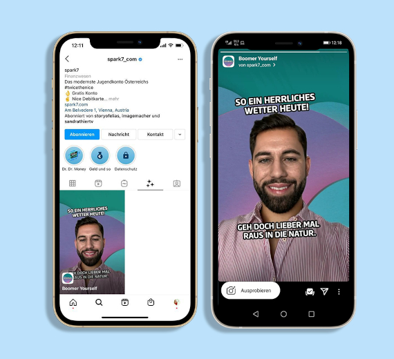 Social Media Agentur - Anwendung des Erste Bank Spark 7 Instagram Filters Boomer Yourself bei einem Mann dargestellt als Mock Up auf zwei Smartphone-Displays